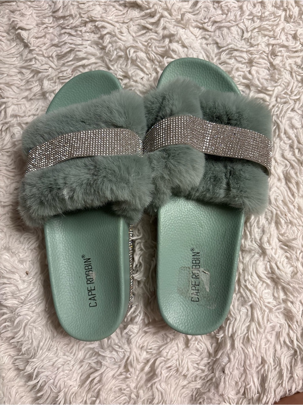 Cape Robbin Sage Green Faux Fur Slide Sandals with Rhinestone Strap